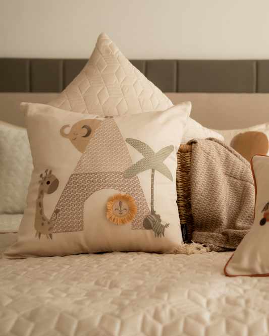 Animal Safari Cotton Embroidered Beige Cushion Cover Kids Design 16" X 16" - Elysian Home Decor