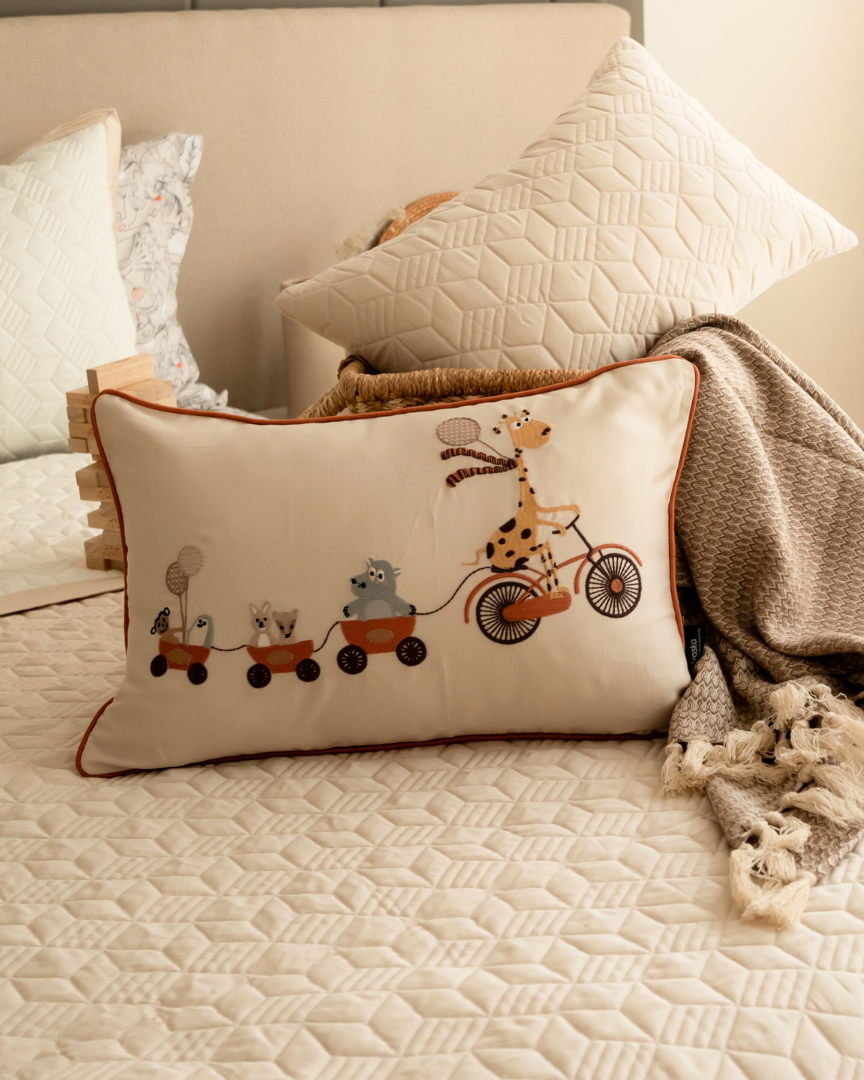 Bon Voyager Cotton Embroidered Beige Cushion Cover Kids Design 12" X 18" - Elysian Home Decor