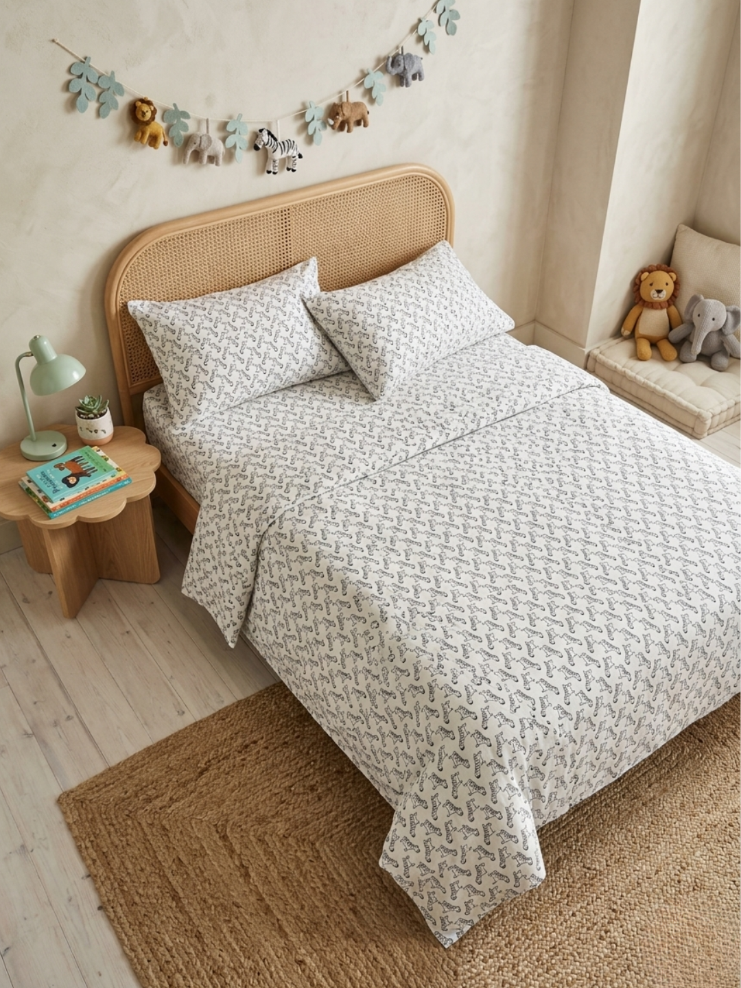White Zebra Ivory Printed Cotton Kids Bedsheet Set - Elysian Home Decor