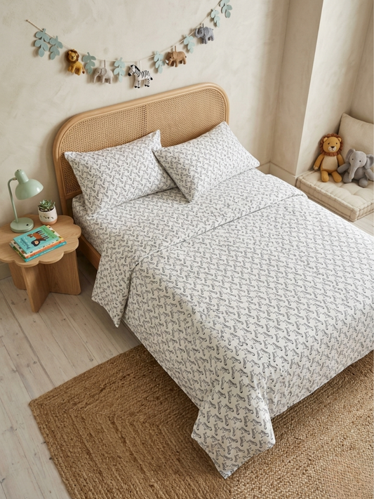 White Zebra Ivory Printed Cotton Kids Bedsheet Set - Elysian Home Decor