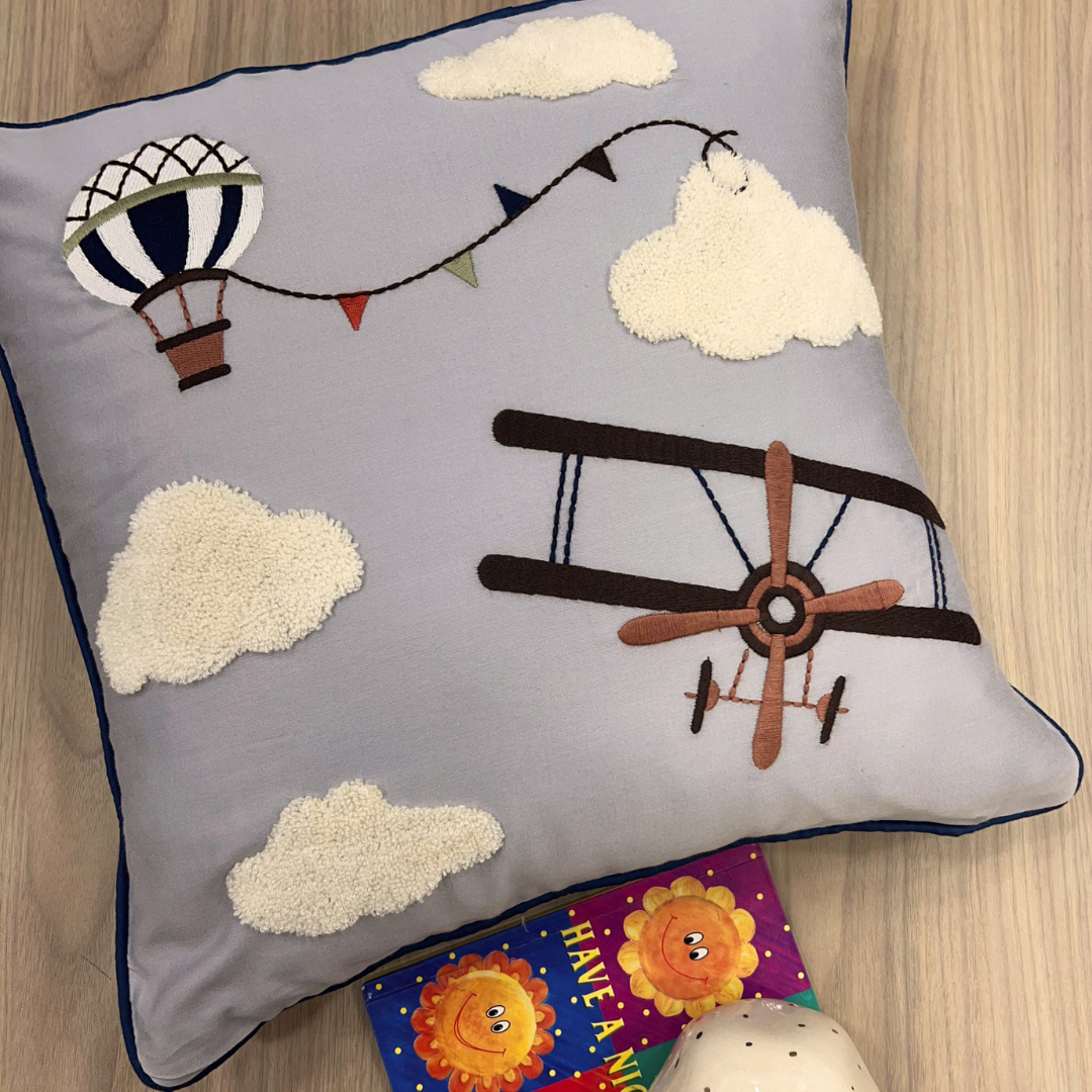 Wright Brothers Cotton Embroidered Grey Cushion Cover Kids Design 16" X 16" - Elysian Home Decor