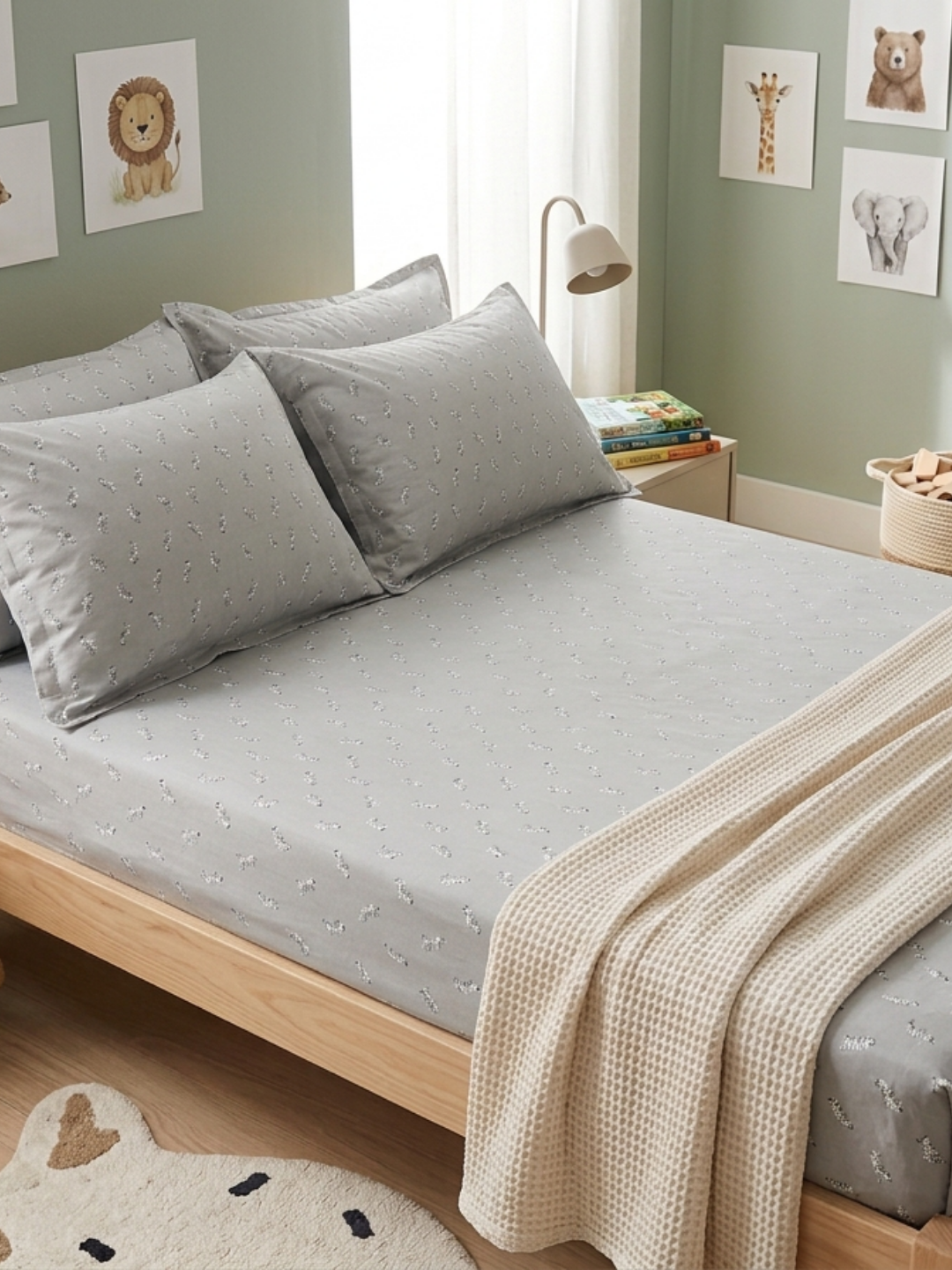 Zebra Trails Grey Printed Cotton Kids Bedsheet Set - Elysian Home Decor