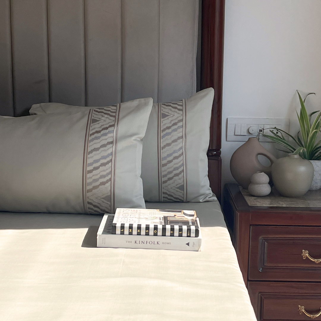Close-up of Zurich beige embroidered pillow cover