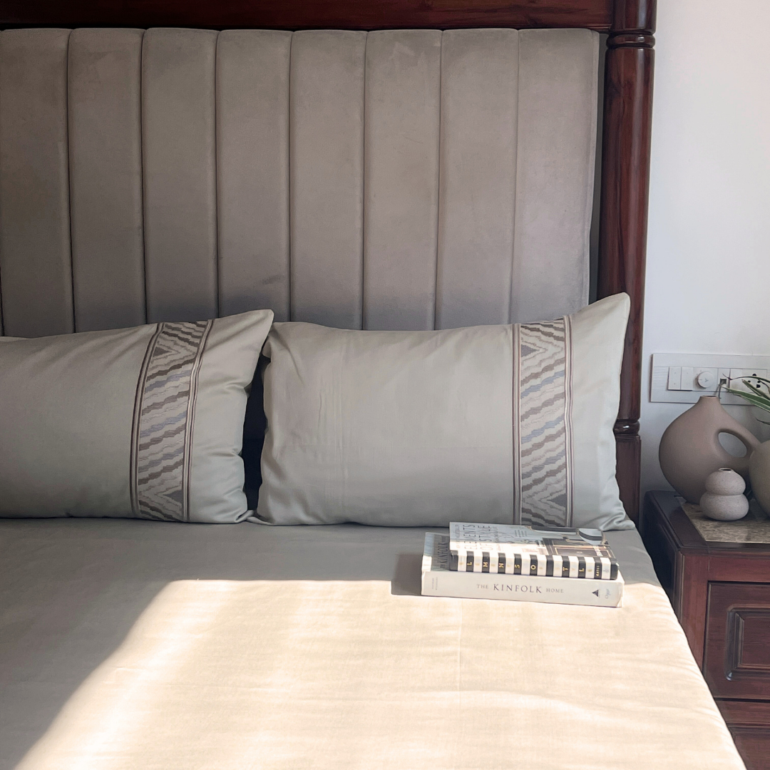 Full bed styled with beige Dreams bedsheet set
