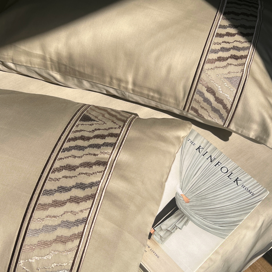 Zurich beige bedsheet set styled on bed