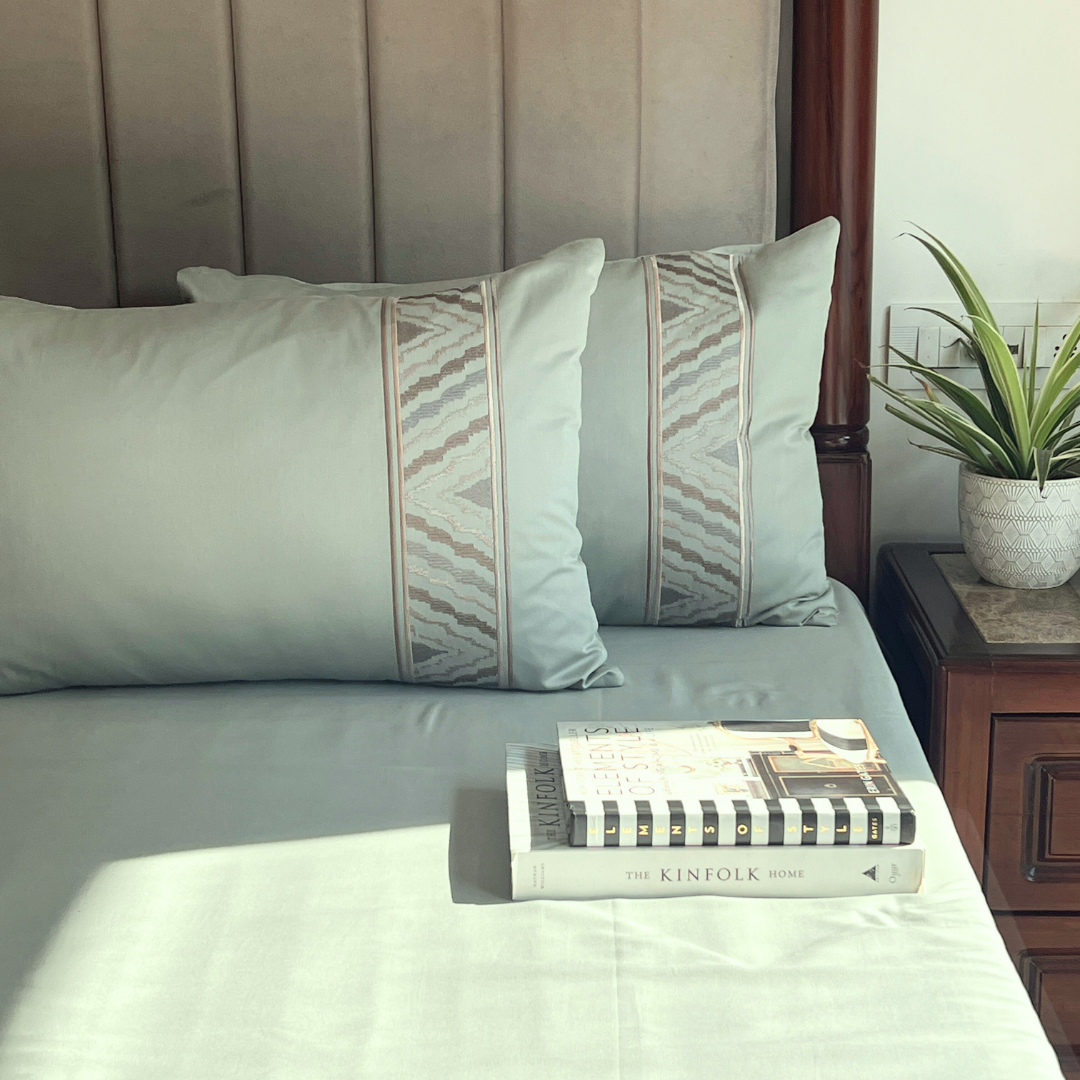 Zurich sage green bedsheet folded showing fabric detail