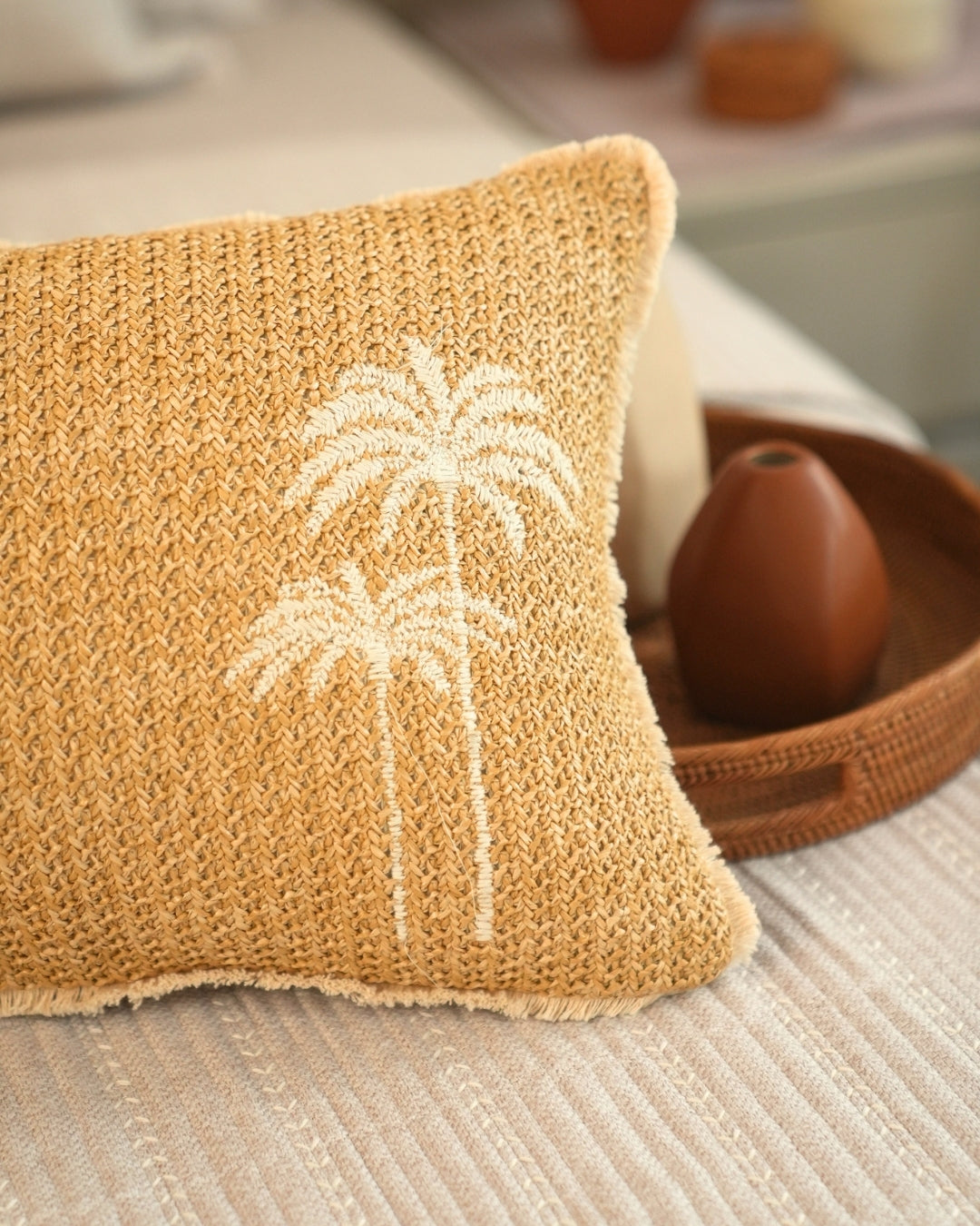 Coco Palm | Palm Springs Embroidered Oats Beige Cushion Cover (Size : 12"X18") - Elysian Home Decor