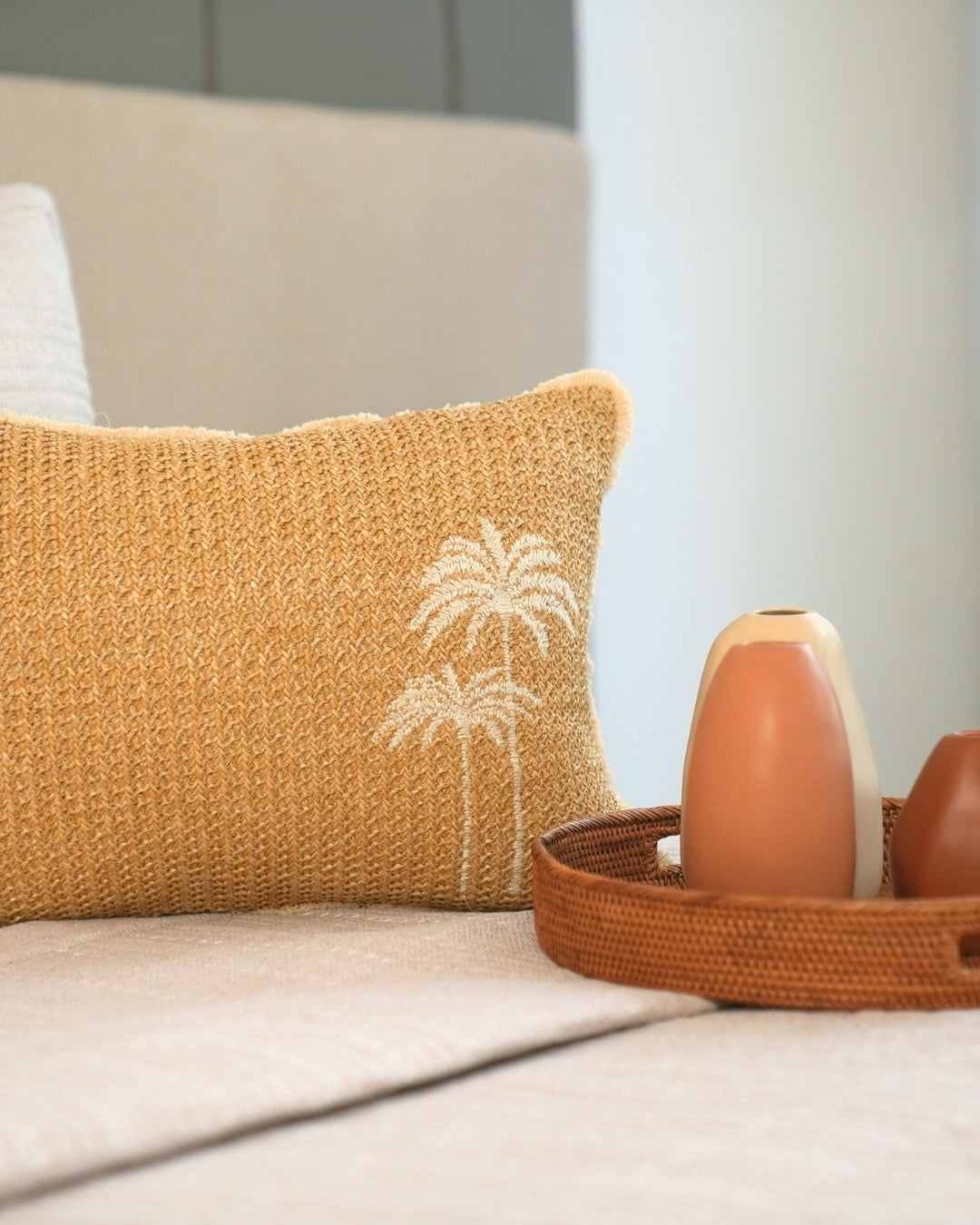 Coco Palm | Palm Springs Embroidered Oats Beige Cushion Cover (Size : 12"X18") - Elysian Home Decor