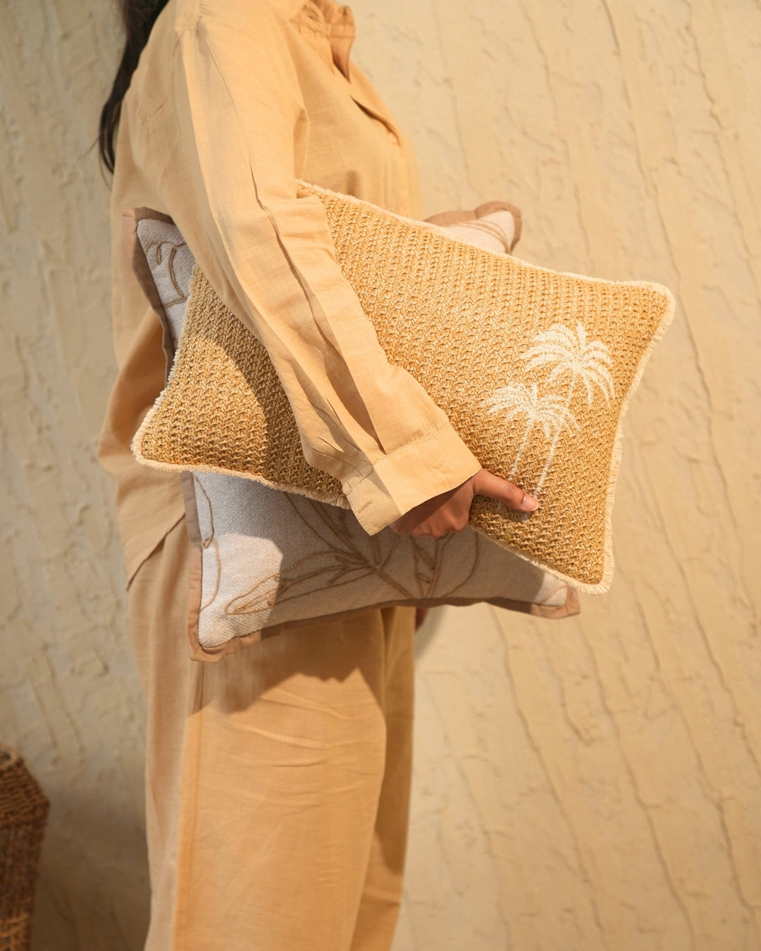 Coco Palm | Palm Springs Embroidered Oats Beige Cushion Cover (Size : 12"X18") - Elysian Home Decor