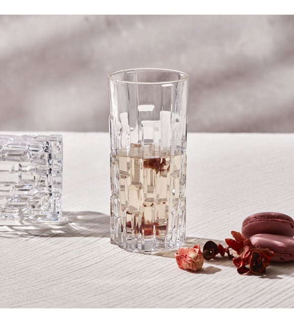 Etna tumbler set with geometric design, partially filled.
