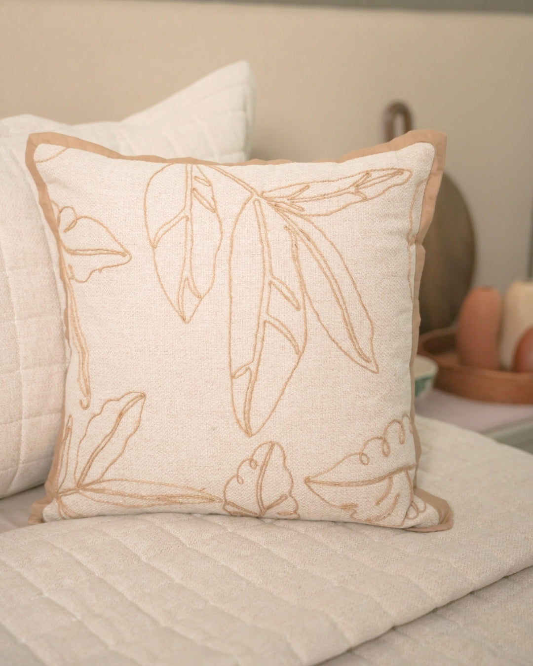 Meadow Palm Springs Embroidered Beige Cushion Cover (Size : 16"X16") - Elysian Home Decor