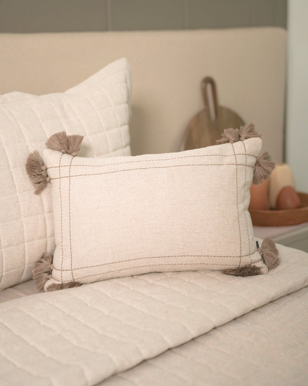 Olive Mist Palm Springs Embroidered Beige Cushion Cover (Size : 12"X18") - Elysian Home Decor