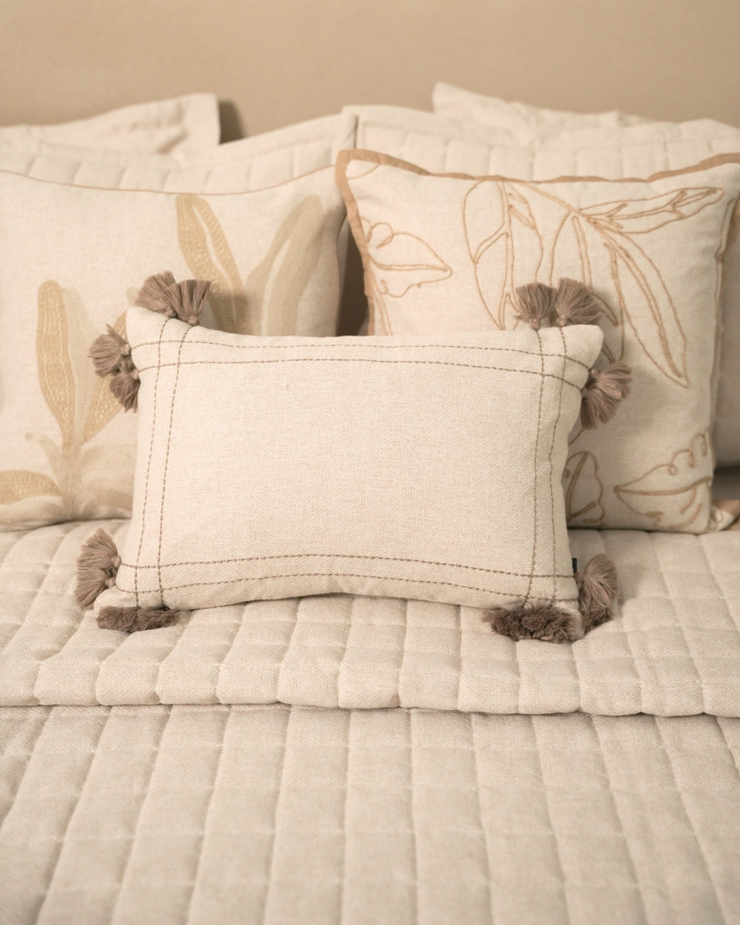 Olive Mist Palm Springs Embroidered Beige Cushion Cover (Size : 12"X18") - Elysian Home Decor