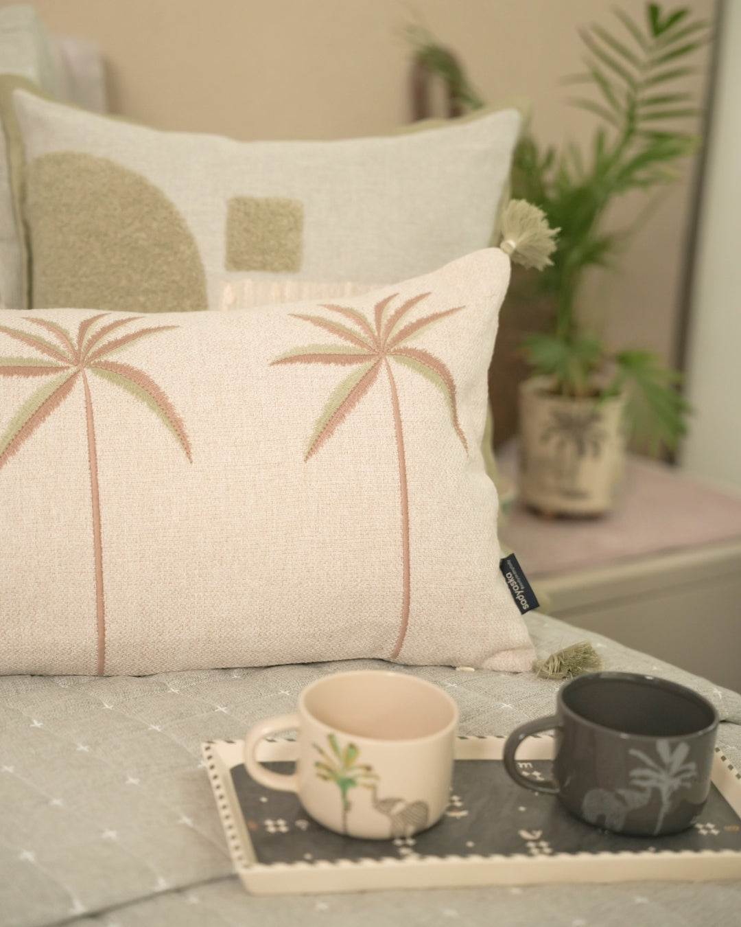 Palm Crest Palm Springs Embroidered Beige Cushion Cover (Size : 12"X24") - Elysian Home Decor