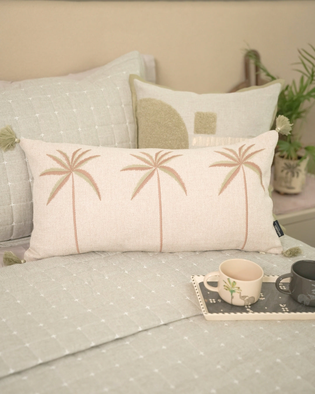Palm Crest Palm Springs Embroidered Beige Cushion Cover (Size : 12"X24") - Elysian Home Decor