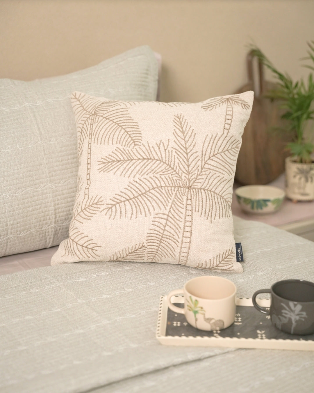 Palm Muse Palm Springs Embroidered Beige Cushion Cover (Size : 16"X16") - Elysian Home Decor