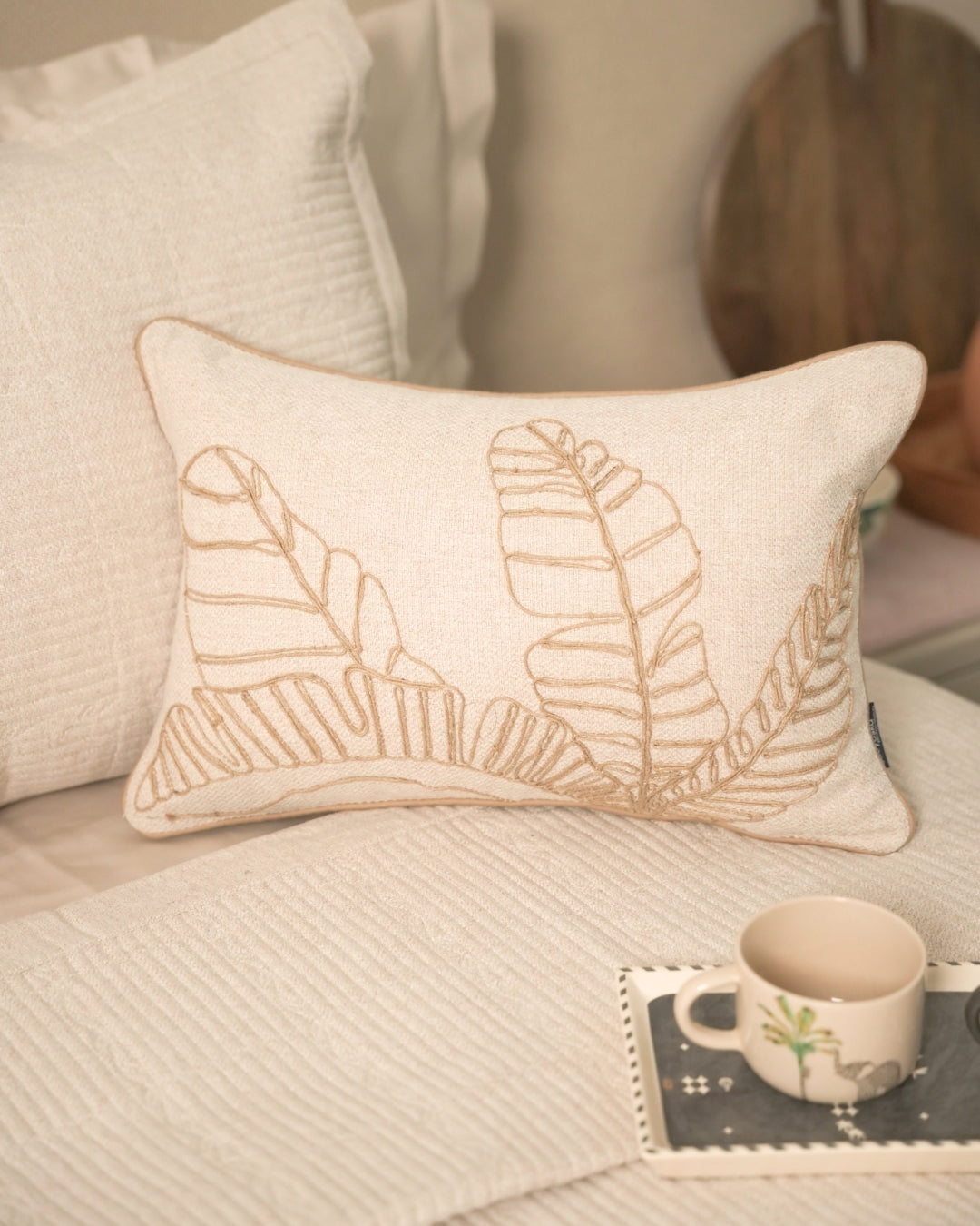 Palmetto Palm Springs Embroidered Beige Cushion Cover (Size : 12"X18") - Elysian Home Decor